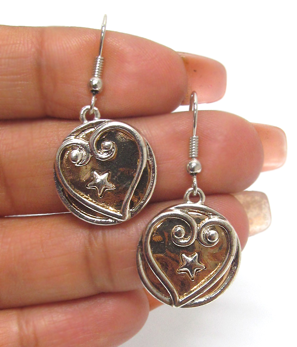Heart textured metal fish hook earrings 