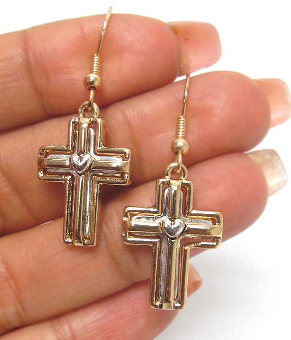 Textured metal cross hook earrings 