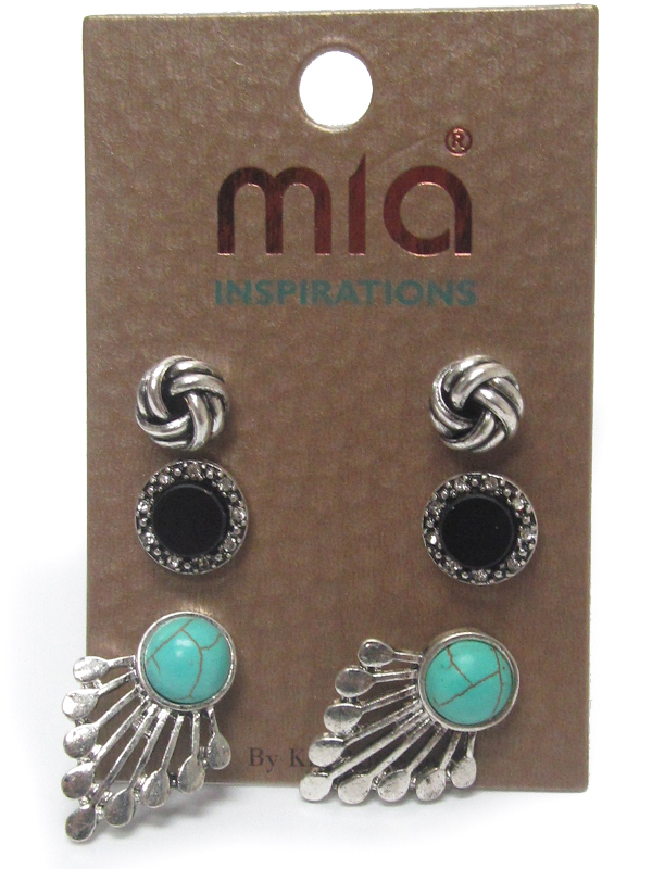 Metal filigree and stone 3 pair earring set