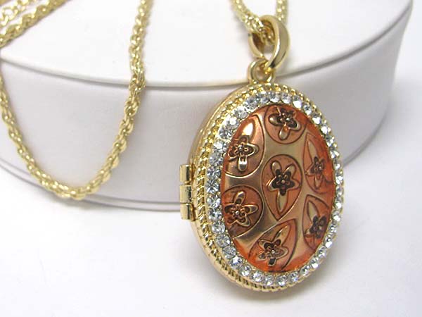 Crystal stud enamel filigree metal oval locket pendant long necklace