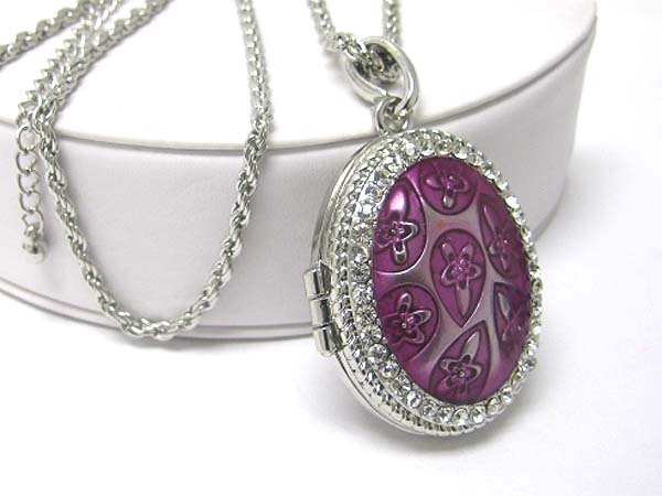 Crystal stud enamel filigree metal oval locket pendant long necklace