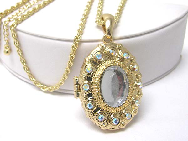 Crystal stud filigree metal oval locket pendant long necklace