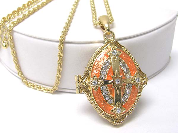 Crystal stud enamel filigree metal oval locket pendant long necklace