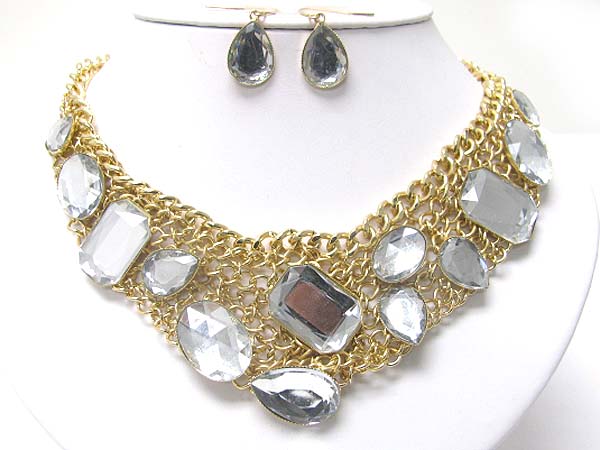 Facet stone and metal chain link bib style necklace earring set 