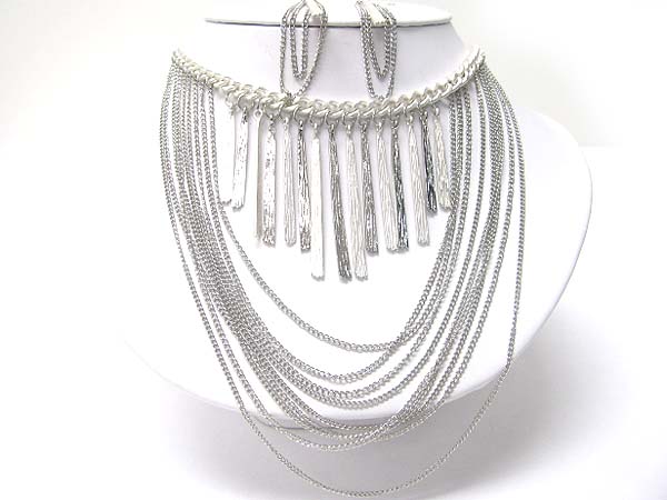 Hanging metal chain and metal bars drop necklace earrign set