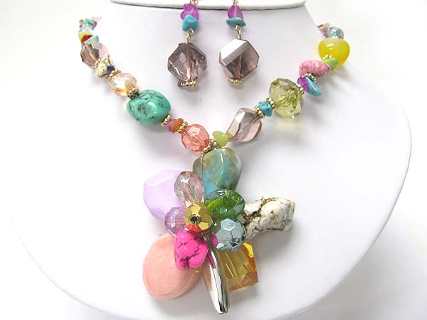 Natural stone nad multi beadsflower pendant necklace earrign set