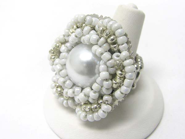 Pearl and seed beads wrapped flower stretch ring