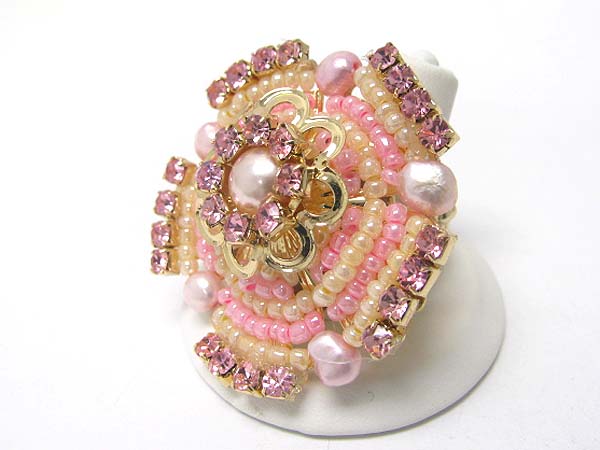 Crystal and seed beads deco flower stretch ring