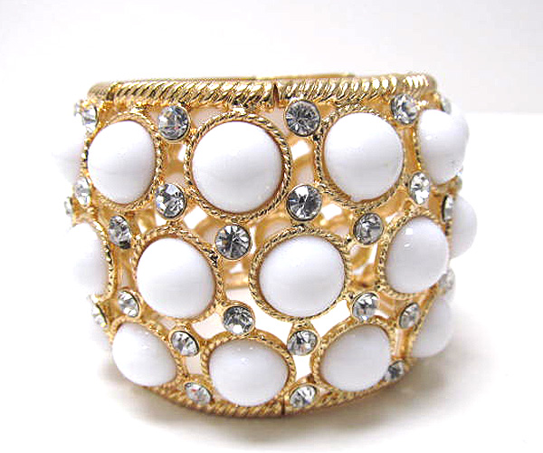 Crystal and acryl stone deco wide metal stretch bracelet