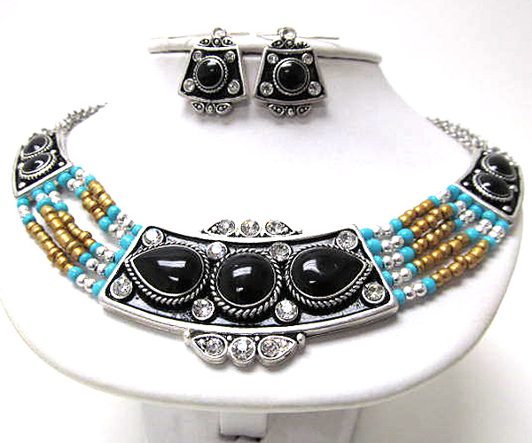 Crystal and acryl tear drop and multi seed beads native tribal design multi chain necklace earring set