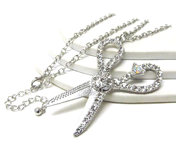 Crystal stud scissors long chain necklace