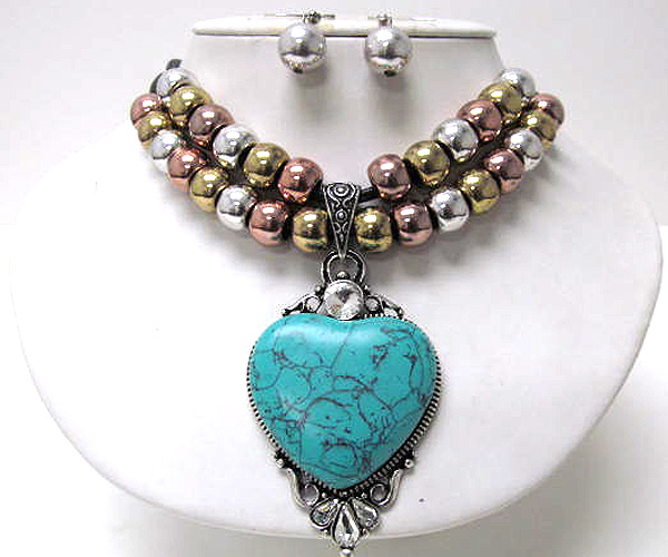 Crystal drop large turquoise stone with multi metal ball cord necklace earring set