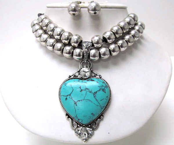 Crystal drop large turquoise stone with multi metal ball cord necklace earring set