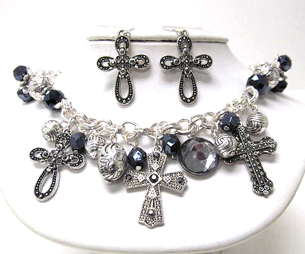 Multi crystal glass with drop multi filigree cross chain necklace earring set