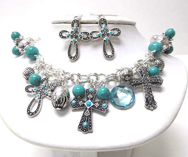 Multi turquoise with drop multi filigree cross chain necklace earring set