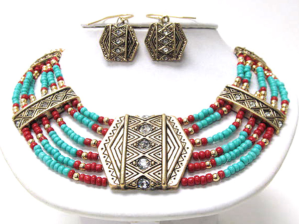 Crystal metal and multi seed beads native tribal design multi chain necklace earring set