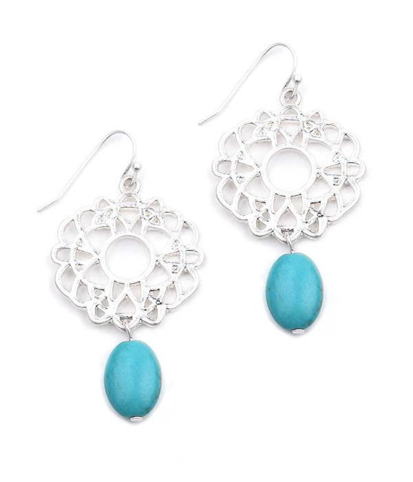 Metal filigree and turquoise drop earring