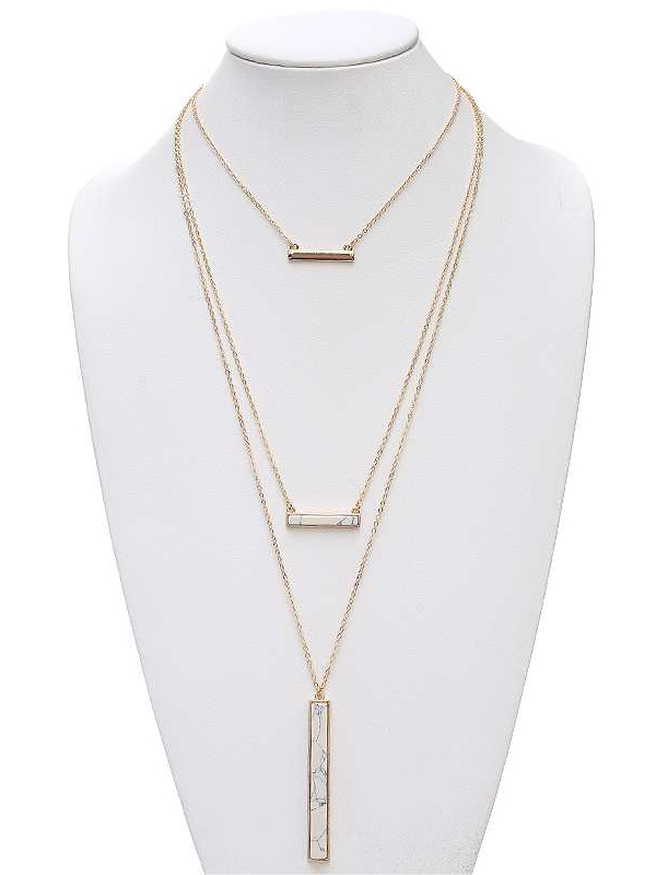 Simple stick stone and metal bar triple layer necklace