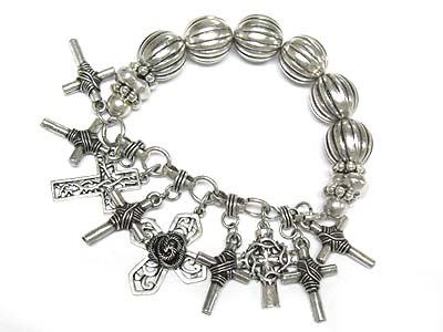 Metal filigree cross charm stretch bracelet