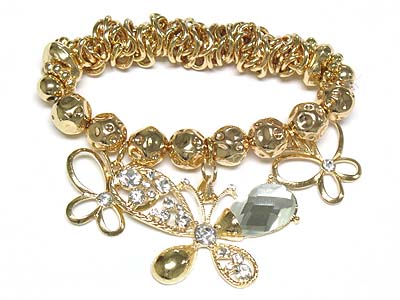 Crystal deco metal filigree butterfly charm stretch bracelet