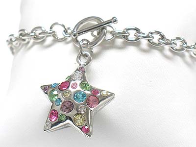 Crystal stud puffy star charm dangle toggle bracelet