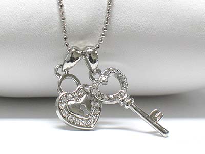 Crystal key and lock dual pendant necklace