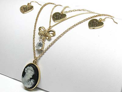 European style triple layer cameo pendant necklace and earring set