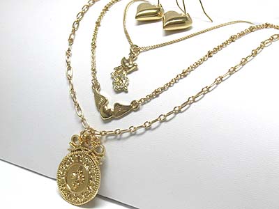 European style triple layer fleur de lis pendant necklace and earring set