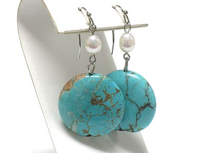 Fresh water pearl and genuine stone drop earring - turquoise