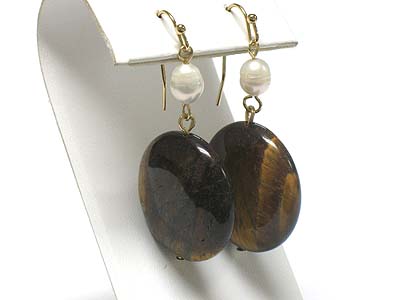 Fresh water pearl and genuine stone drop earring - tiger eye