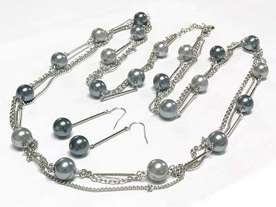 Glass pearl and chain thread extra long necklace and earring set