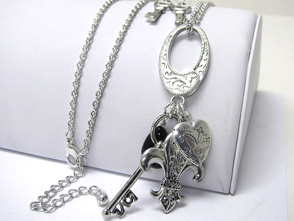 Key heart and fluer de lis drop long necklace earring set