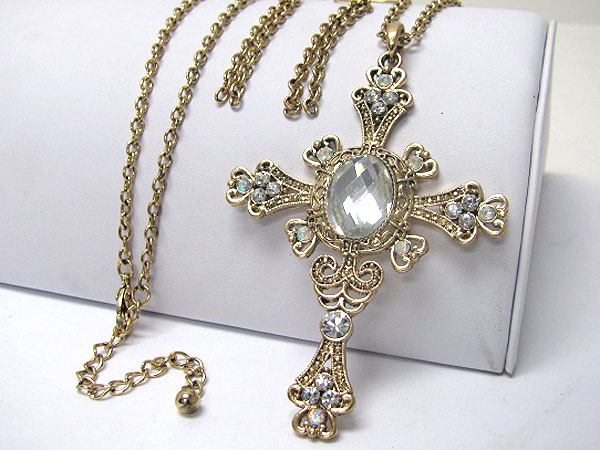 Crystal and glass deco large metal cross pendant long necklace earring set