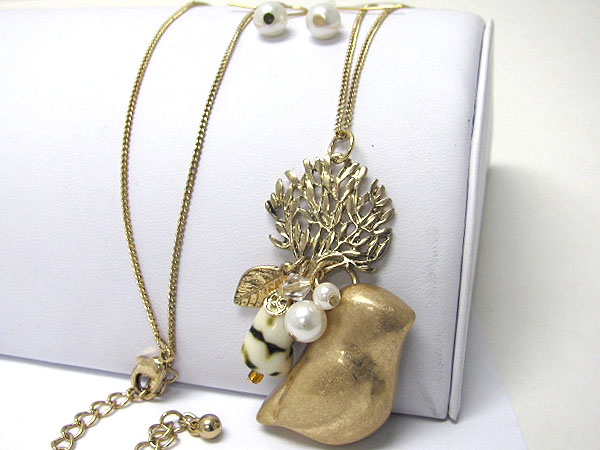 Simple bird shape and life of tree theme long necklace earring set