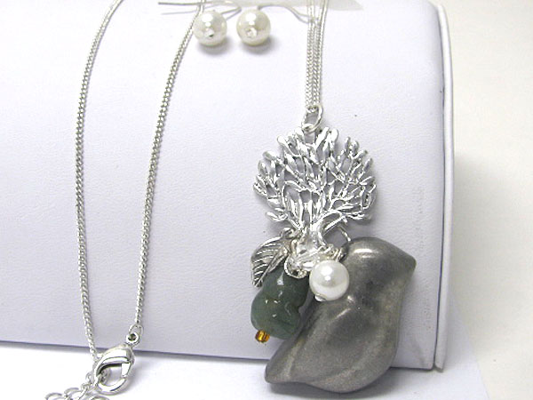 Simple bird shape and life of tree theme long necklace earring set