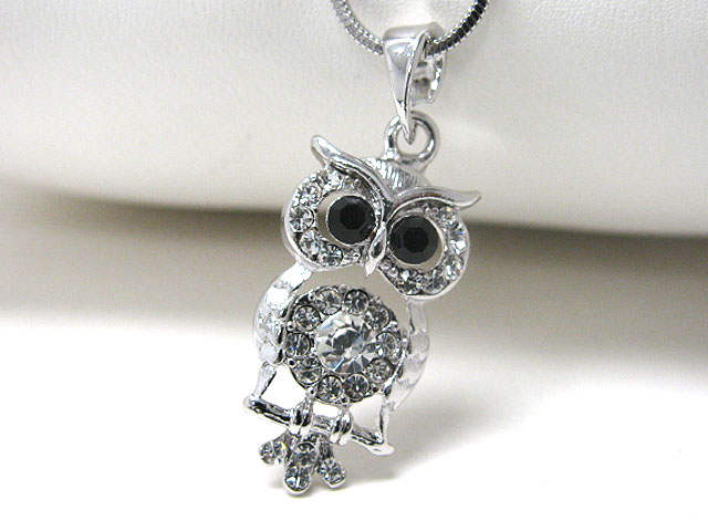 Made in korea whitegold plating crystal stud owl pendant necklace