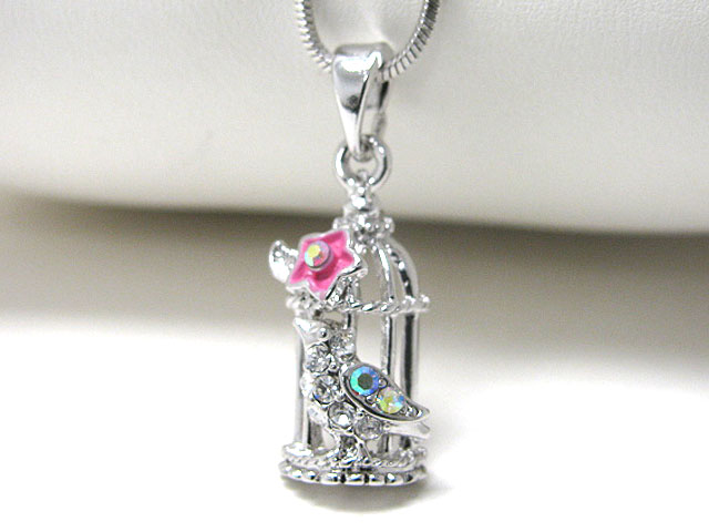 Made in korea whitegold plating crystal stud bird cage pendant necklace