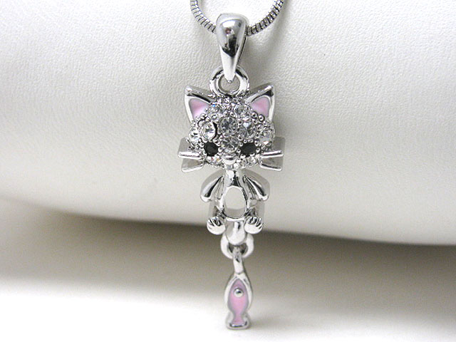 Made in korea whitegold plating crystal stud cat pendant and fish dangle necklace