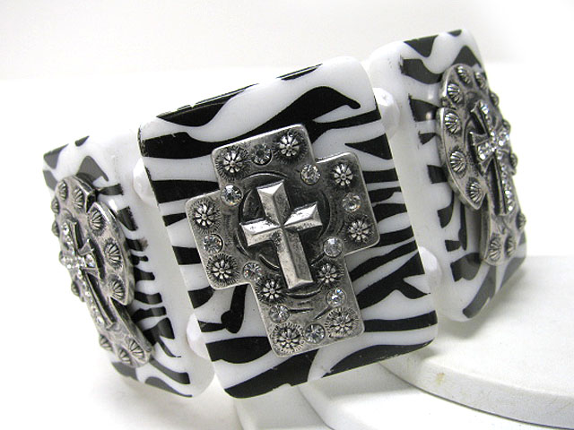 Crystal stud antique metal cross animal print acryl stretch bracelet