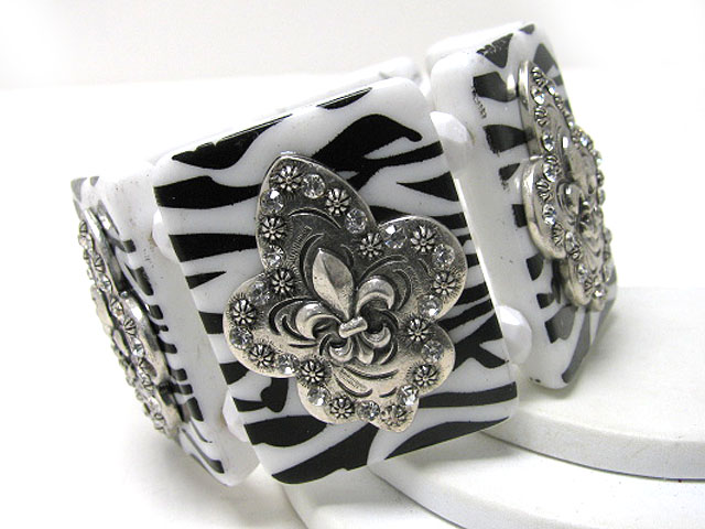 Crystal stud antique metal fleur de lis animal print acryl stretch bracelet