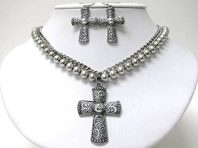 Textured metal cross pendant multi chain neckale earring set