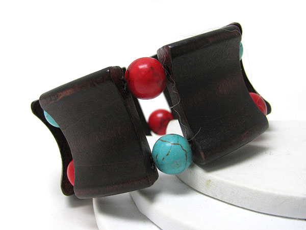 Wide wood bar and turquoise ball link stretch bracelet