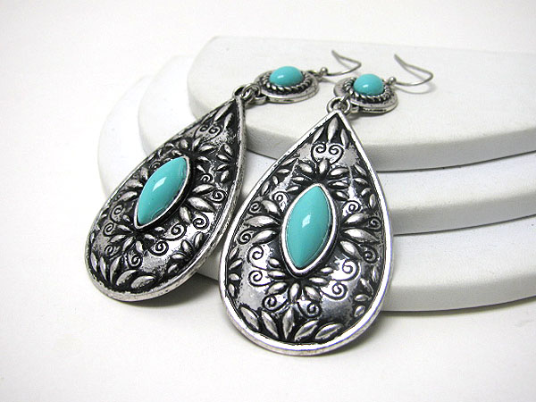 Turquoise accent textured metal earring