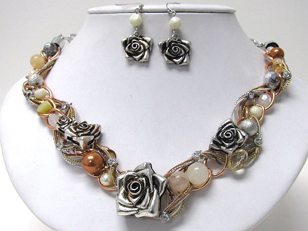 Natural stone and crystal deco metal rose accent necklace earring set