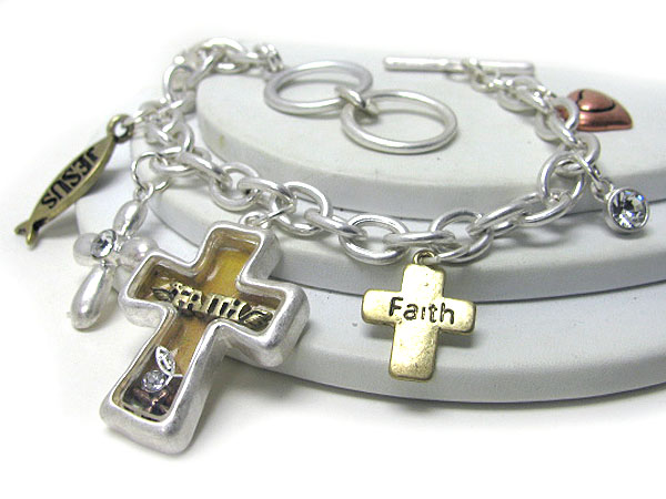 Moving crystal in faith cross charm toggle bracelet