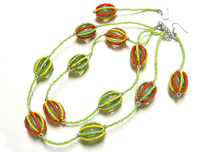 Summer seed beads wrapped marble necklace and earring set