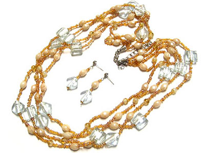 Multi row natural beads around neckalce and earring set