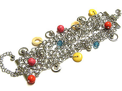 Multi row chain link and color ball dangle bracelet