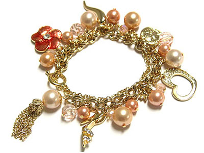 Multi row chain and pearl beads ball and multi charm dangle bracelet