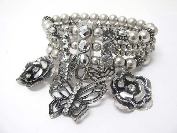 Crystal stud metal butterfly and flower dangle stretch bracelet